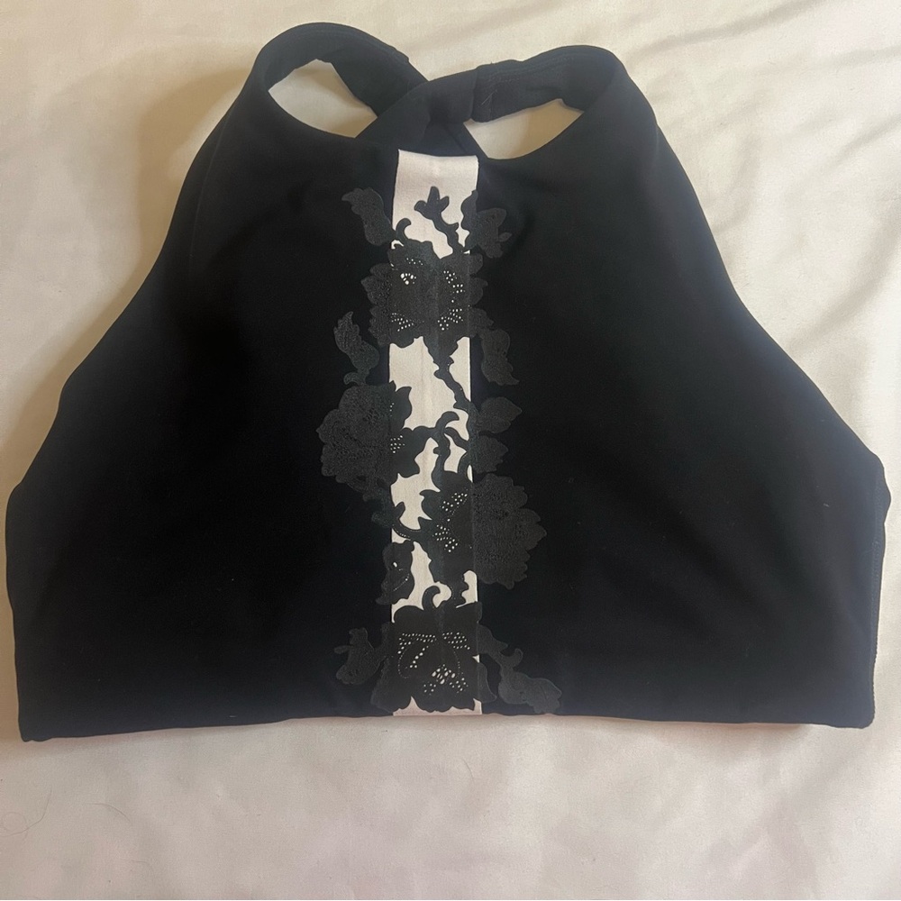 Athleta Black High Neck Floral Lace Athletic‎ Sports Bra Crop Top Size Small
